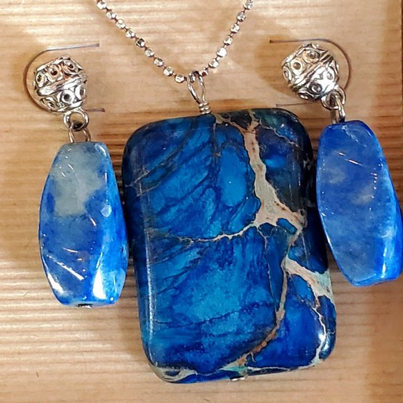 Natural Blue Jasper Stone Sterling Silver Dangle Necklace and Earrings Set - Picture 2 of 6